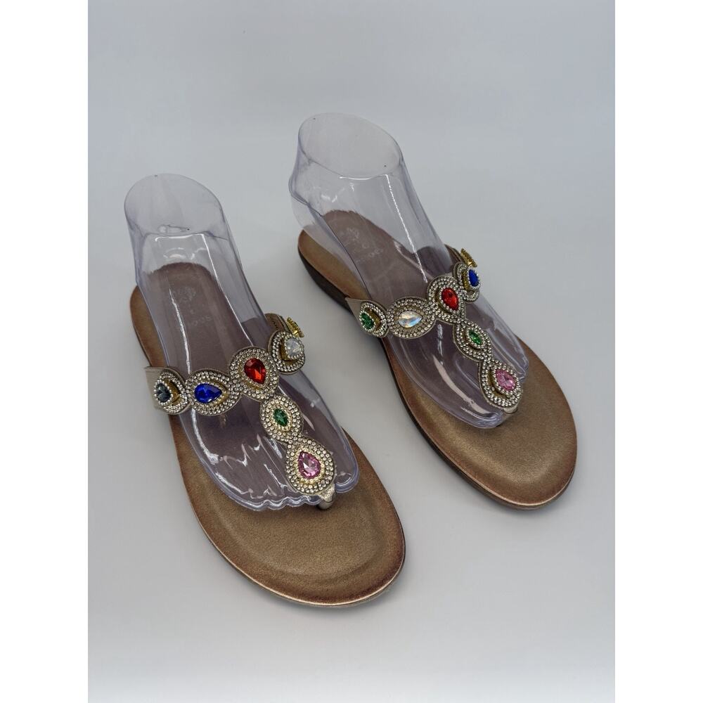 NEW GC Shoe Gold Jeweled Rhinestone Crystal T-Strap Sandal Thong Slip-On 9.5 - Picture 3 of 10
